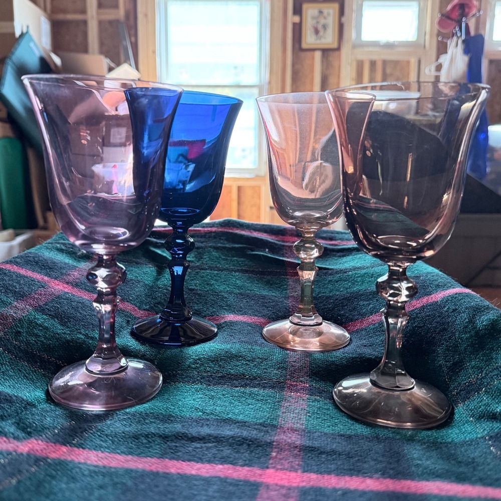 Vintage Colored Glass Wine Goblets 7-3/8" Jewel Tone Stemware Set Made in Poland